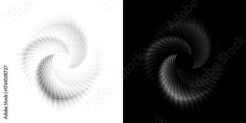 Dynamic abstract spiral sound wave rhythm lines. Circular spiral sound wave rhythm of lines. Circular futuristic abstract lines, black and white background.