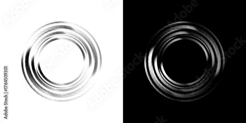 Dynamic abstract spiral sound wave rhythm lines. Circular spiral sound wave rhythm of lines. Circular futuristic abstract lines, black and white background.