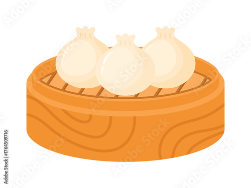 Steamed dim sum or dumplings in a bamboo steamer basket Chinese food isolated cartoon vector illustration