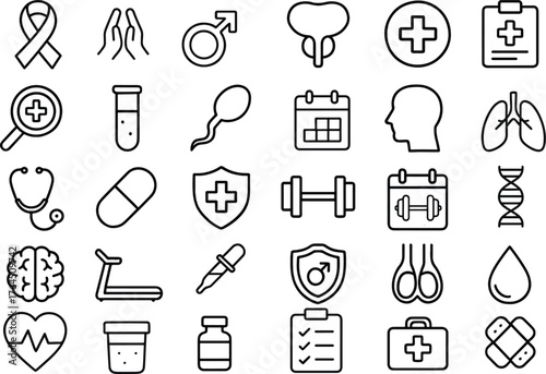 Medical icons including stethoscope, heart, brain, DNA, fitness, health care, and more