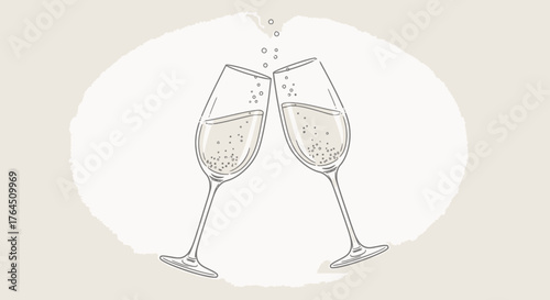 A clean, minimalist illustration of two champagne glasses clinking in a toast. Simple line art icon perfect for celebrations like New Year's Eve, weddings, or anniversaries