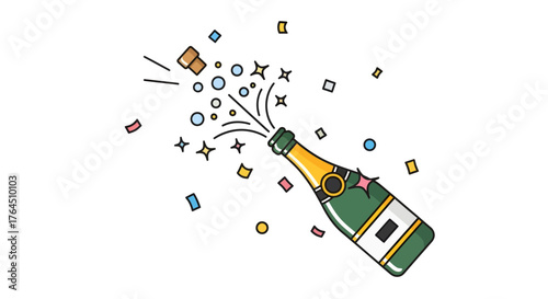 simple, colorful flat-line icon of a champagne bottle popping. The cork is flying out with an explosion of bubbles, stars, and confetti, symbolizing a party or celebration