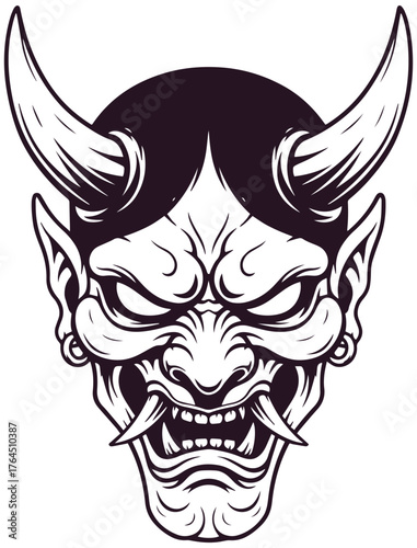 Intricate oni mask design, perfect for tattoo art, merchandise, or edgy creative projects
