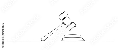 Continuous line illustration of law hammer. Doodle sketch. Hand drawn vector one line icon isolated on white background.