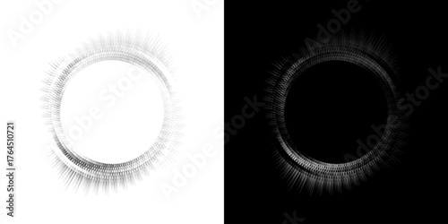 Dynamic abstract spiral sound wave rhythm lines. Circular spiral sound wave rhythm of lines. Circular futuristic abstract lines, black and white background.