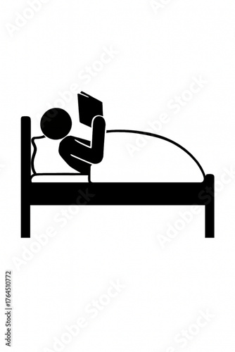 Cozy evening reading with this simple stick figure illustration showing a person relaxing in bed with a book for a restful night and quiet time