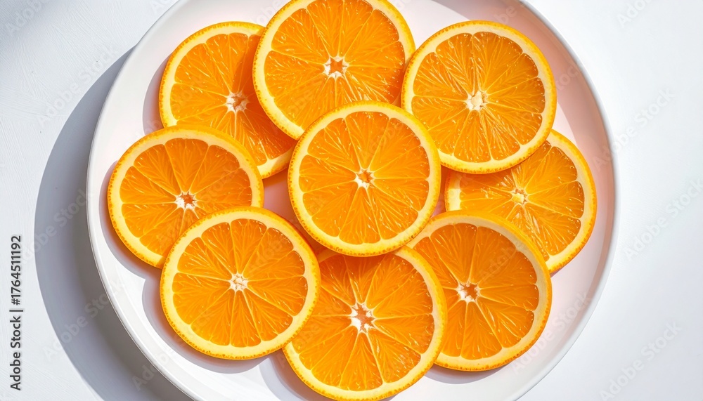 Fototapeta premium Fresh Orange Slices Arranged on a White Plate for a Healthy Snack