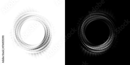 Dynamic abstract spiral sound wave rhythm lines. Circular spiral sound wave rhythm of lines. Circular futuristic abstract lines, black and white background.