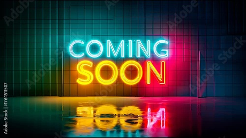 Neon coming soon text animated to move up and down while changing vibrant colors. this seamless loop is ideal for creative announcements, teasers or digital signage backgrounds.