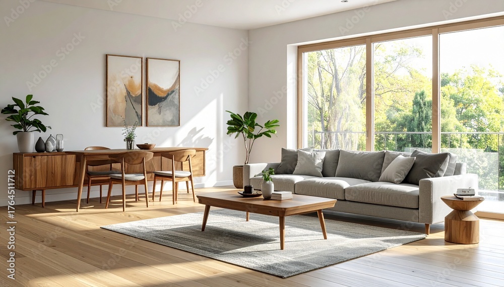 Fototapeta premium Bright, open-plan living space sofa, table, art, natural light