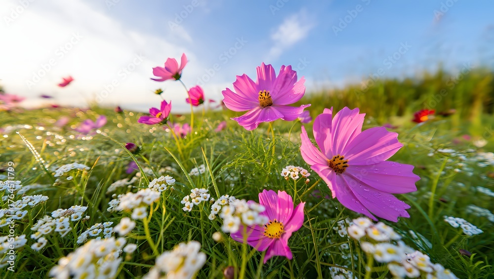 Obraz premium Pink and white cosmos flowers in full bloom under blue sky