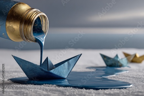 Paper boat floating on water with gray sky and snowy ground, alongside a small colored origami ship.