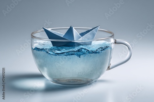 Small ship floating inside a cup, realistic style with gray background, symbolizing adventure and depth illusion.