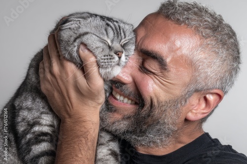 Attractive middle-aged man with gray hair and beard smiling, held by Scottish Fold cat, black t-shirt, light background.