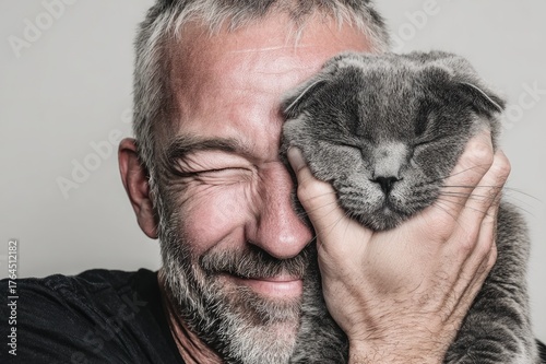 Attractive middle-aged man with gray hair and beard, smiling while held by his Scottish Fold cat, wearing a black t-shirt, light background.