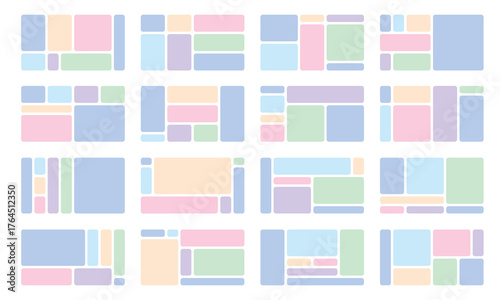 Grid of 16 pastel treemap panels showing diverse data layout templates for dashboard design, hierarchical visualization, UI planning, and abstract modular composition in soft blue, pink, green, and pu