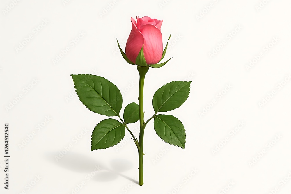 Obraz premium Single pink rose with green leaves on white background, elegant floral minimal composition