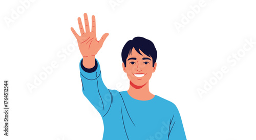 Smiling man waving hand greeting someone with joy and happiness.