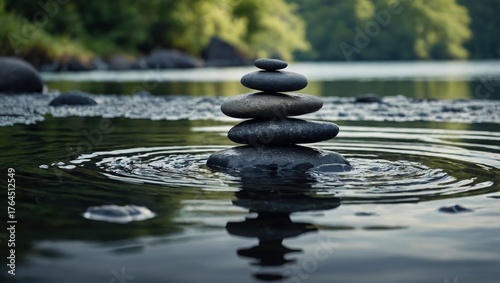 A vertical stack of smooth, polished, rounded pebbles in a balanced pyramid standing in a still water pond. Meditation zen balance illustration concept. Stability relaxation stones arrangement.
