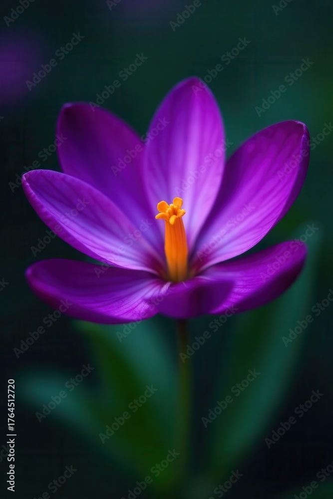 Fototapeta premium Intense violet petals, golden stamen, moody setting, dark, bloom, flower photography