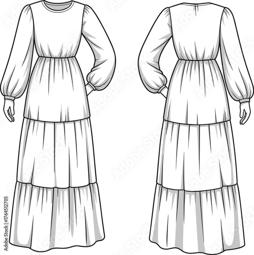 Tiered maxi dress with bishop sleeves, round neckline, fitted waist, front and back view, cad drawing flat vector illustration