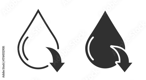 Water drop low level arrow icon, moisture decrease sign symbol vector line stroke outline label, reduce quality pictogram set, liquid bio technology logo image