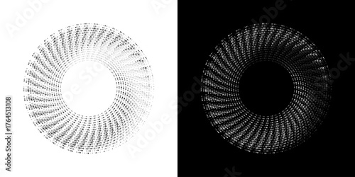 Dynamic abstract spiral sound wave rhythm lines. Circular spiral sound wave rhythm of lines. Circular futuristic abstract lines, black and white background.