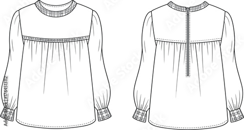 Long sleeve blouse technical sketch, front and back view, plaid trim, gathered yoke, puff sleeve, cad drawing flat vector illustration