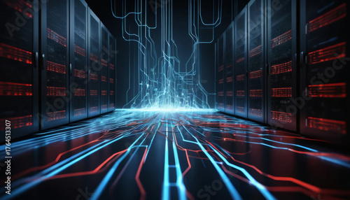 Dynamic data center illuminates with vibrant blue and red circuitry, showcasing cutting edge technology powering the digital future.
