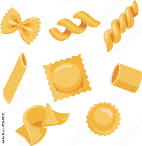 Various Italian pasta types illustration, macaroni, ravioli, penne, farfalle, fusilli, rigatoni, noodle art, traditional cuisine concept, cooking ingredient