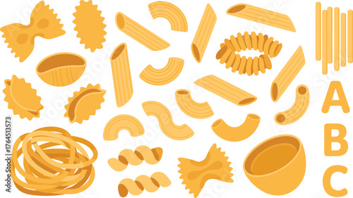 Various pasta shapes illustration including penne, macaroni, fusilli, spaghetti, farfalle, Italian food vector for cooking, restaurant, kitchen design