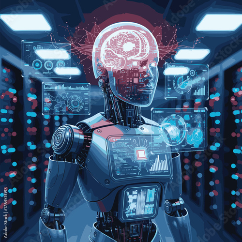 AI Robot in Server Room with Data Visualizations