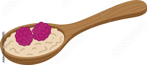 Wooden spoon with oatmeal and raspberries, healthy breakfast illustration, organic food concept, natural diet meal, nutrition design isolated.
