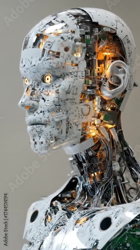 Sophisticated Humanoid Robot Head with Exposed Glowing Circuitry and Metallic Components, AI Concept