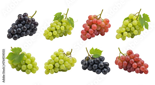 Fresh assorted grapes set including green, red, and black varieties isolated on white background, perfect for healthy eating and cooking projects