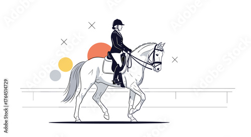 Equestrian rider gracefully riding horse in dressage competition.