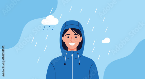 Person in blue raincoat smiling in the rain, happy.
