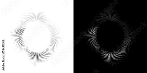 Dynamic abstract spiral sound wave rhythm lines. Circular spiral sound wave rhythm of lines. Circular futuristic abstract lines, black and white background.