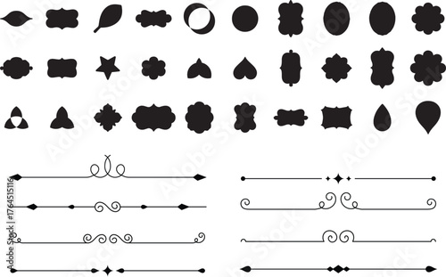 Elegant Black Vector Shapes and Decorative Dividers Set. Minimal Silhouette Design Elements for Frames, Labels, and Vintage Borders