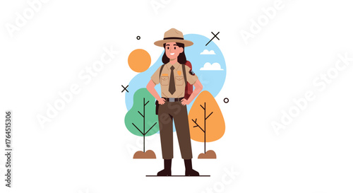Female Park Ranger Standing Outdoors with Nature Background.