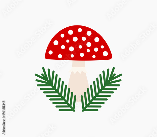 Toadstool mushroom and fir branches icon isolated on white background. Forest mushroom design element.Vector illustration