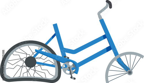 Blue bicycle lying on its side with flat tire, depicting bicycle accident or vandalism
