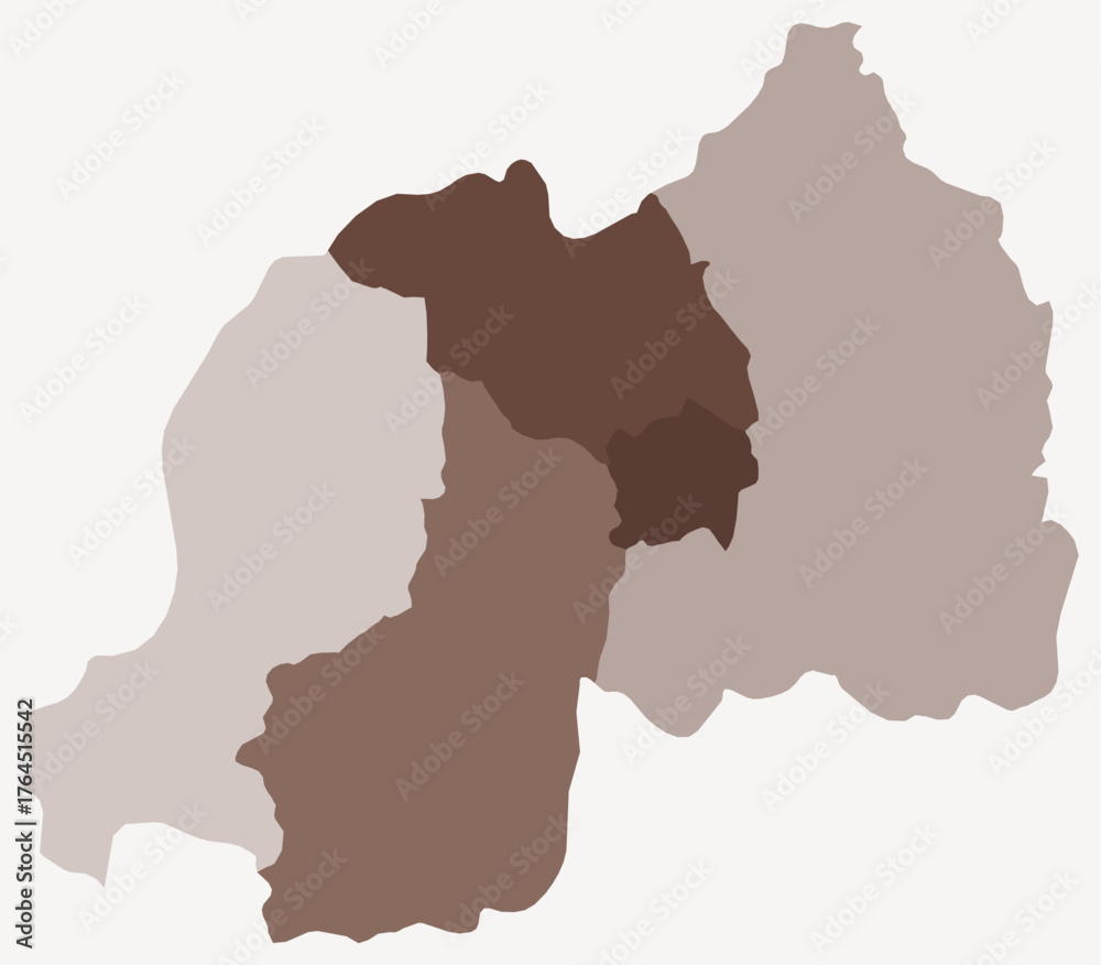 Obraz premium Map of Rwanda with regions. Just a simple country border map with region division. Brown color palette. Plain Republic of Rwanda shape with administrative division. Vector illustration.