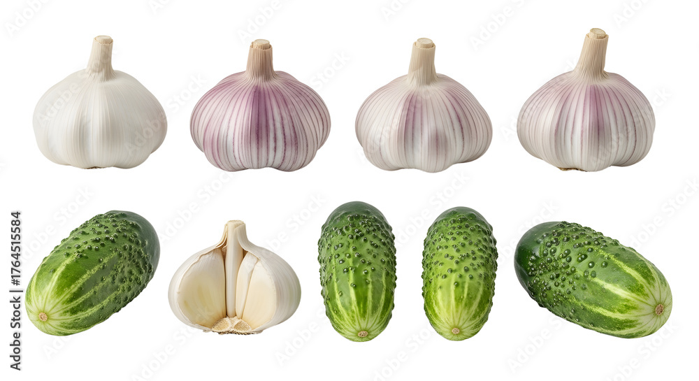 Fototapeta premium Fresh organic garlic bulbs and cucumbers isolated on white background, healthy vegetables for cooking and nutrition