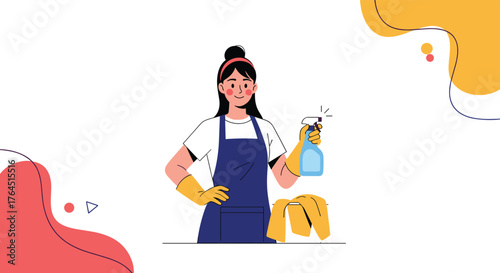 Woman cleaning with spray bottle and cloth ready to work.