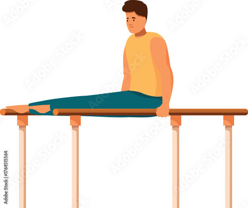 Gymnast demonstrating strength and balance while performing on parallel bars, showcasing athleticism and precision in gymnastic training