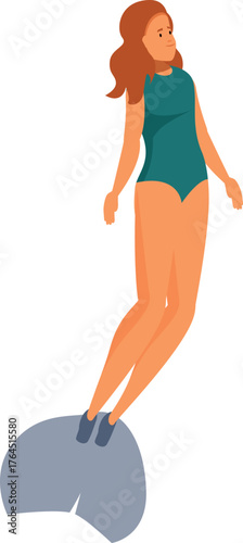 Freediver woman wearing swimsuit and monofin diving and looking upwards