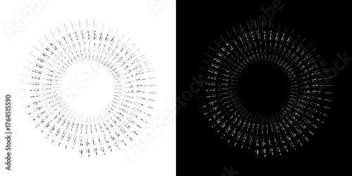 Dynamic abstract spiral sound wave rhythm lines. Circular spiral sound wave rhythm of lines. Circular futuristic abstract lines, black and white background.