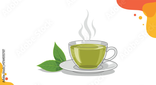 Green tea cup with leaves on white saucer, healthy beverage.