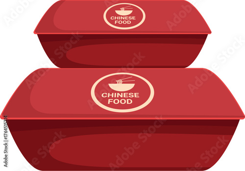Two red takeaway boxes featuring a logo with a bowl of noodles and chopsticks, ready for delivery